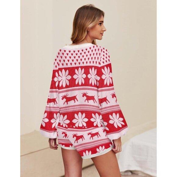 Women Red Rayon Long Sleeve Christmas Sweatsuit 2 Piece Outfits - Picture 3 of 4